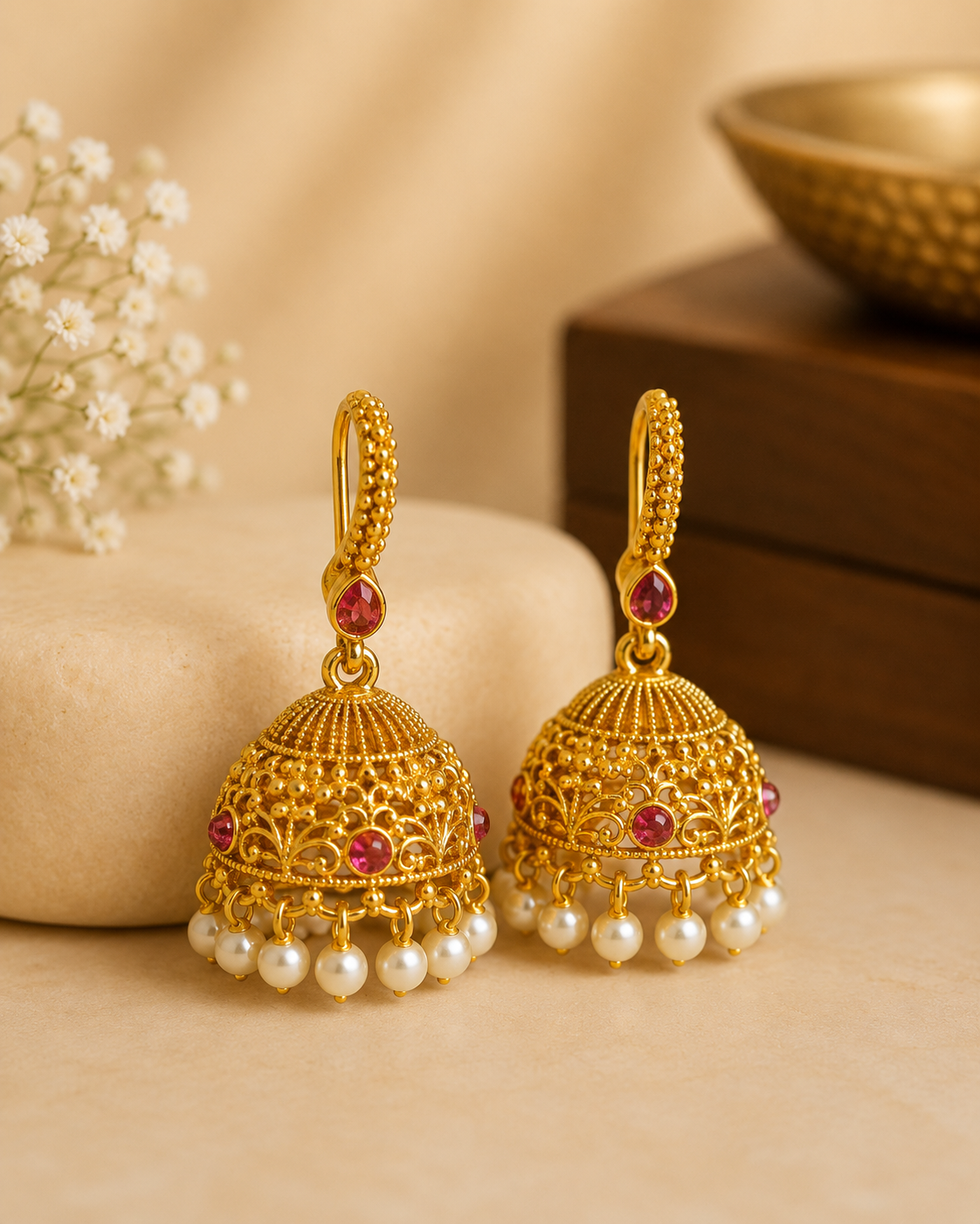 Gold Ruby Teardrop Hoop Lever Back Grand Dome Jhumka Earrings | OLS7