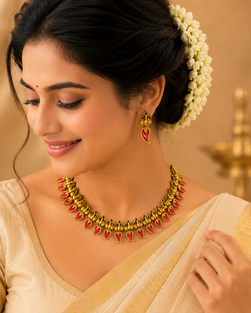 Antique Gold Pink Kemp Teardrop Granulated Choker Necklace Set | OL81