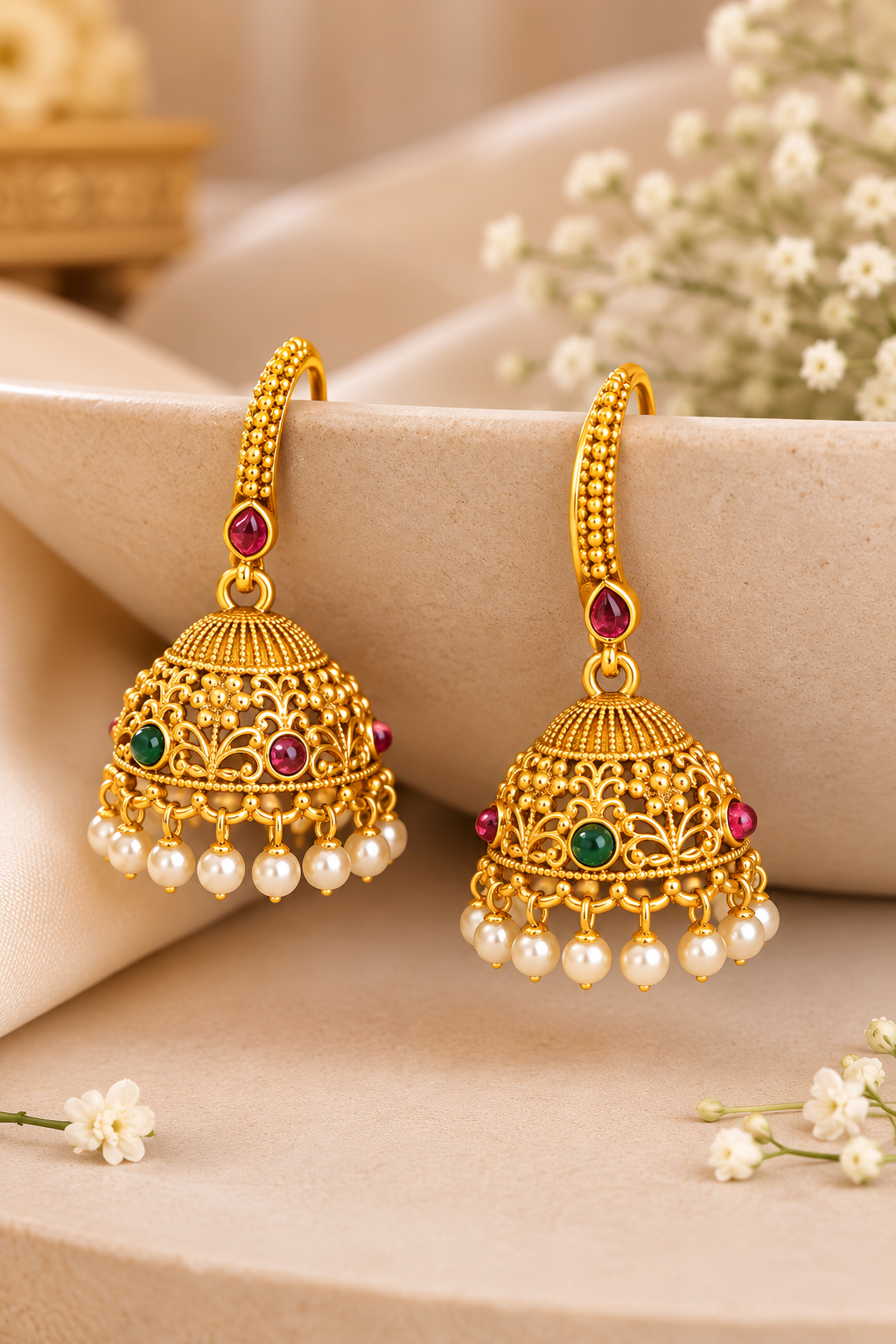 Gold Ruby Teardrop Hoop Lever Back Grand Dome Jhumka Earrings | OLS7