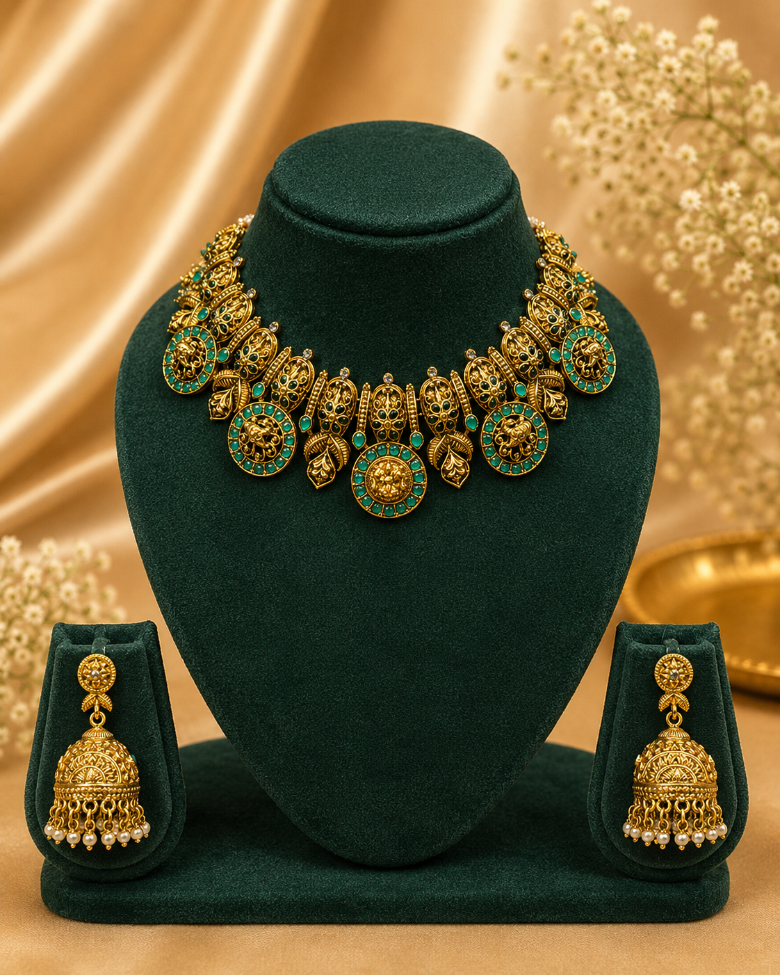 Antique Gold Nakshi Elephant Gajlakshmi Oval Disc Choker Necklace Set |  OL128