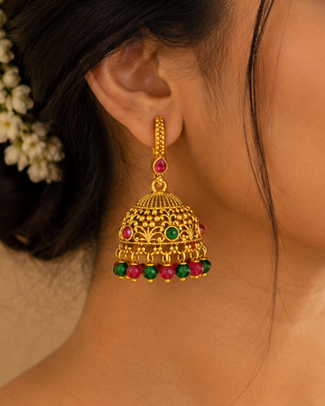 Gold Ruby Teardrop Hoop Lever Back Grand Dome Jhumka Earrings | OLS7