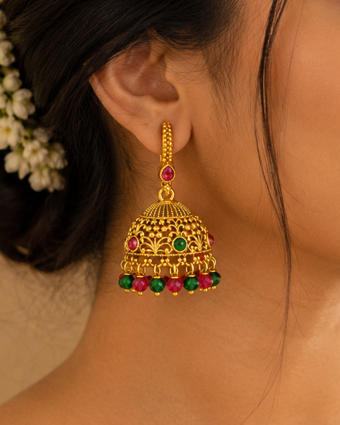 Gold Ruby Teardrop Hoop Lever Back Grand Dome Jhumka Earrings | OLS7