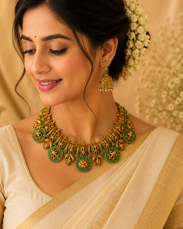 Antique Gold Nakshi Elephant Gajlakshmi Oval Disc Choker Necklace Set |  OL128