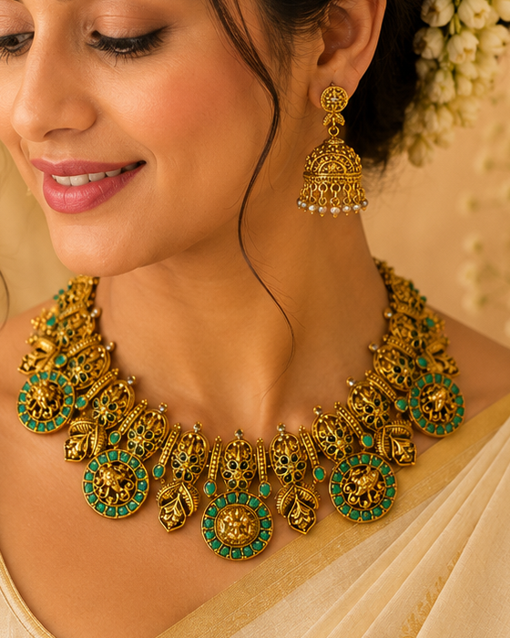 Antique Gold Nakshi Elephant Gajlakshmi Oval Disc Choker Necklace Set |  OL128