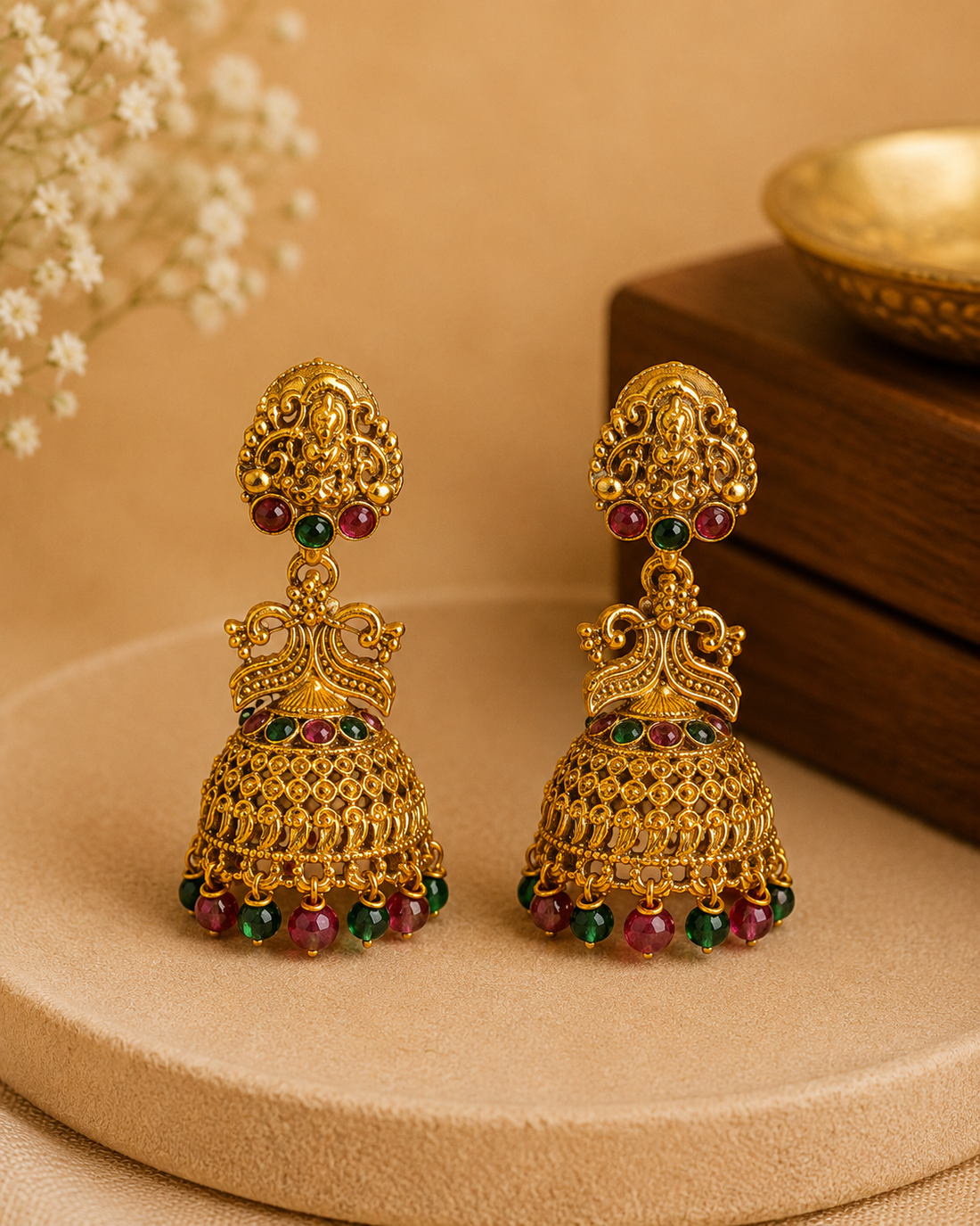 Antique Gold Goddess Lakshmi Peacock Crown Filigree Dome Jhumka Earrings | OLS9