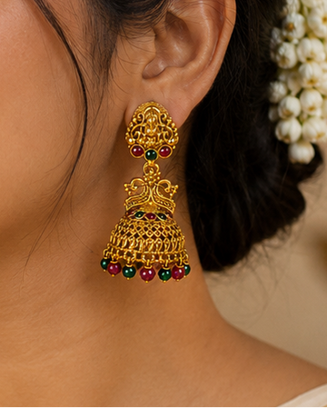 Antique Gold Goddess Lakshmi Peacock Crown Filigree Dome Jhumka Earrings | OLS9