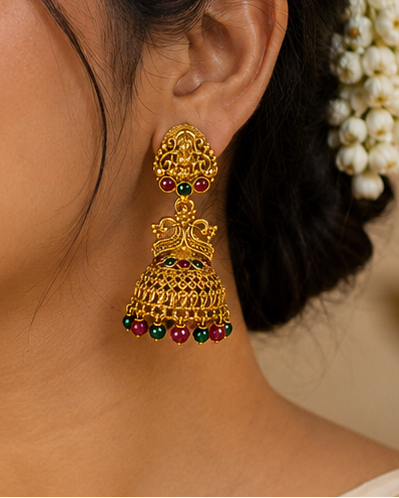 Antique Gold Goddess Lakshmi Peacock Crown Filigree Dome Jhumka Earrings | OLS9