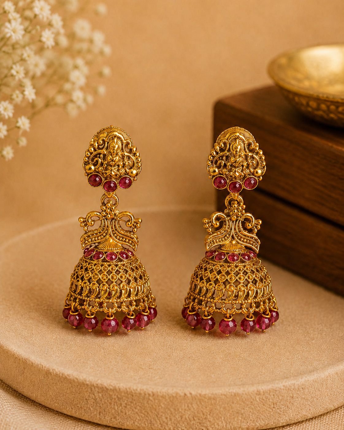 Antique Gold Goddess Lakshmi Peacock Crown Filigree Dome Jhumka Earrings | OLS9