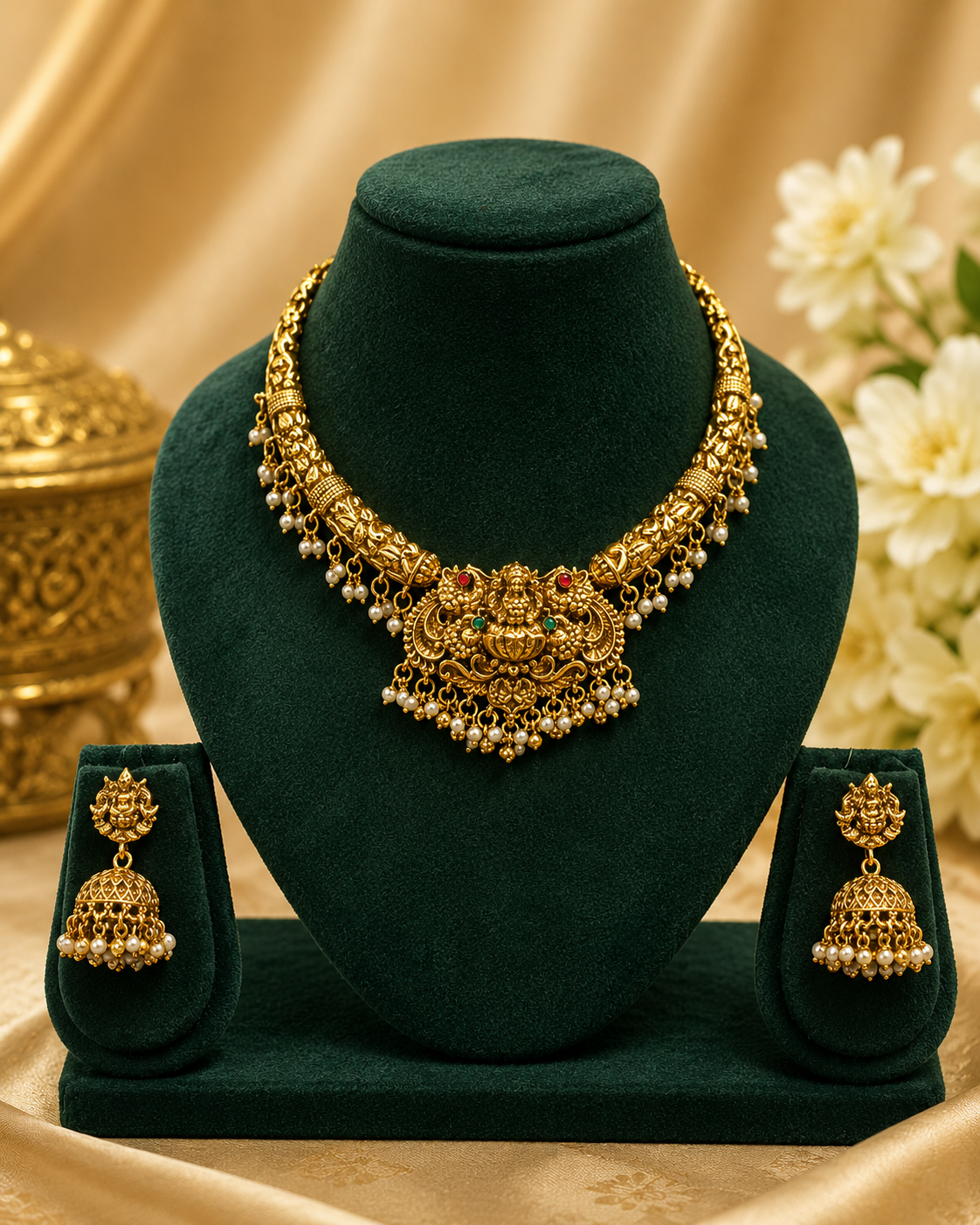 Antique Gold Nakshi Lakshmi Temple Pendant Choker Necklace Set | OL89
