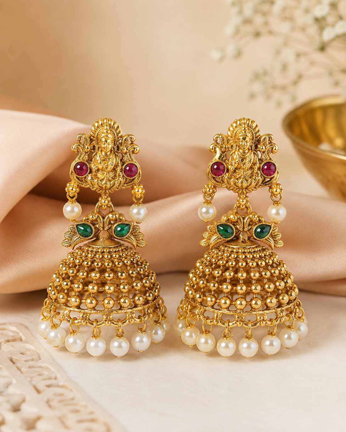 Antique Gold Goddess Lakshmi Jhumka Earrings with Pearl Drops | OLS11