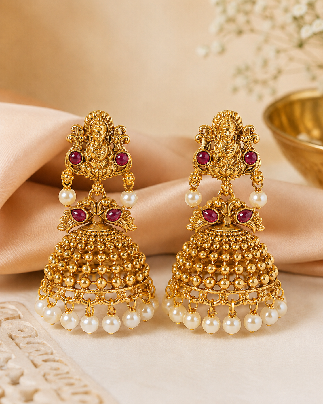 Antique Gold Goddess Lakshmi Jhumka Earrings with Pearl Drops | OLS11