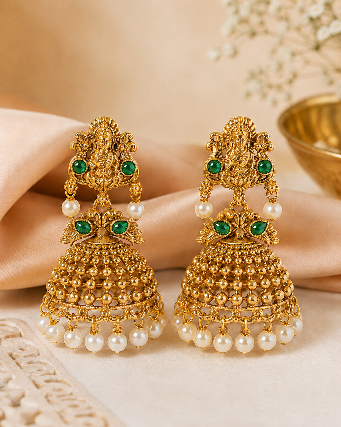 Antique Gold Goddess Lakshmi Jhumka Earrings with Pearl Drops | OLS11