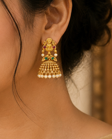 Antique Gold Goddess Lakshmi Jhumka Earrings with Pearl Drops | OLS11
