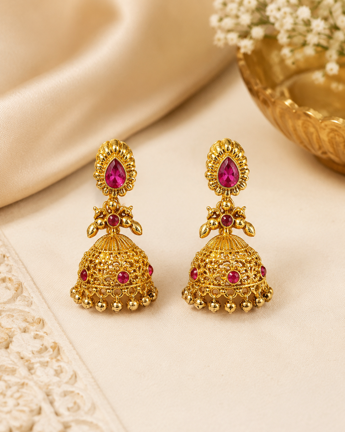 Gold Ruby Teardrop Ribbed Fan Stud Filigree Scroll Dome Jhumka Earrings | OLS9