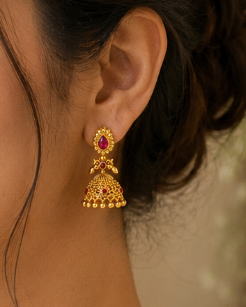 Gold Ruby Teardrop Ribbed Fan Stud Filigree Scroll Dome Jhumka Earrings | OLS9