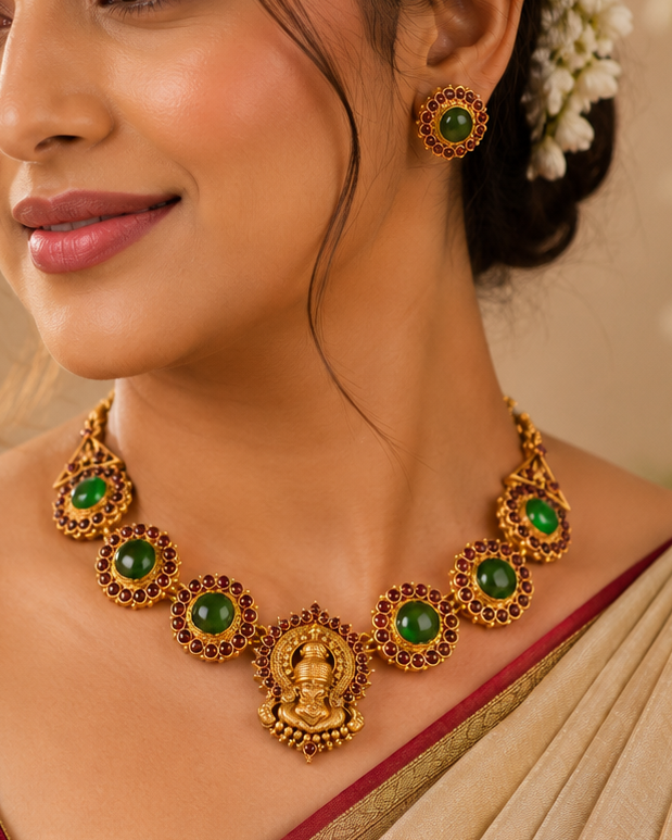 Antique Gold Emerald Ruby Kemp Cluster Choker Necklace Set | ONK72