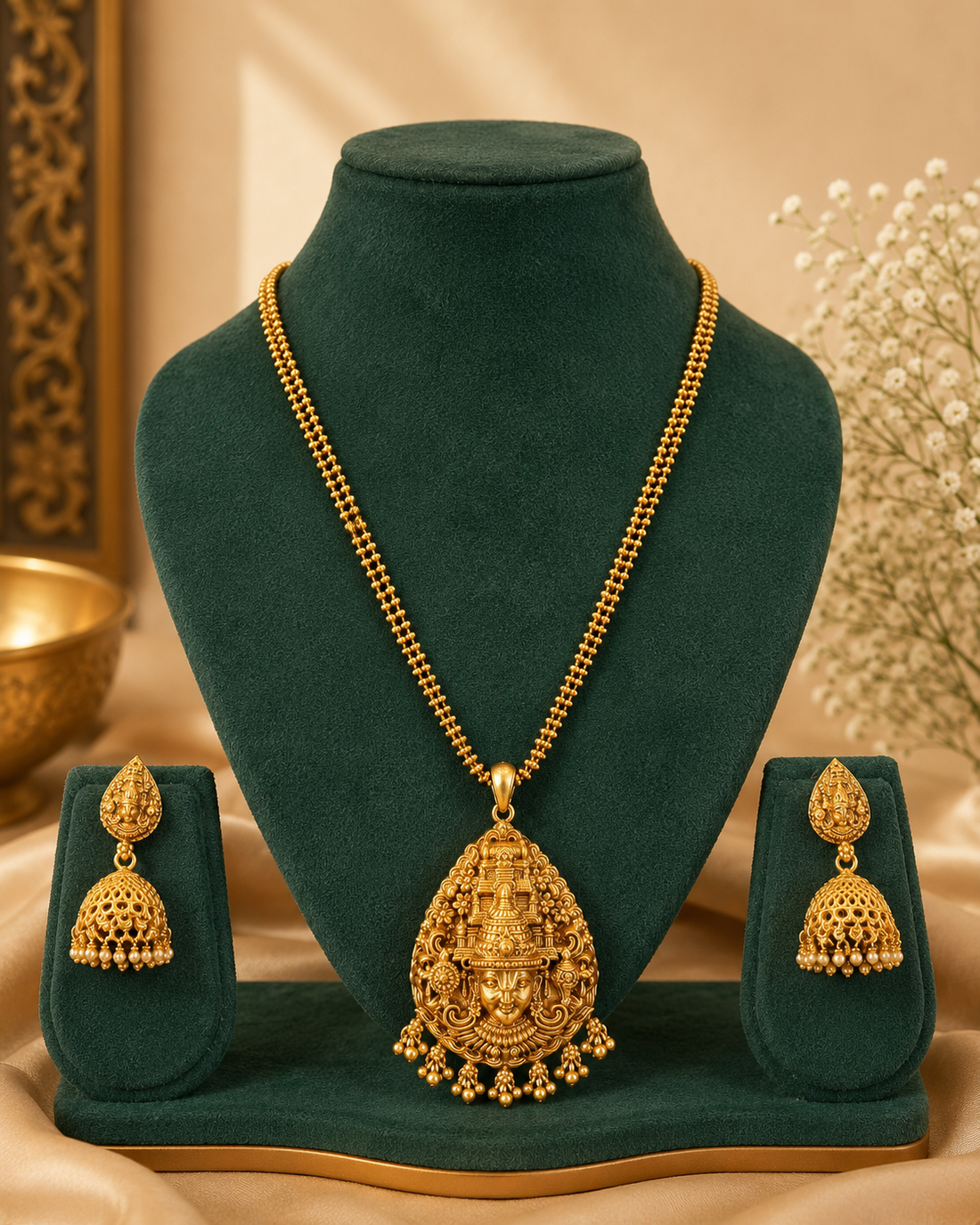 Antique Gold Teardrop Temple Pendant Long Necklace Set | ONK79