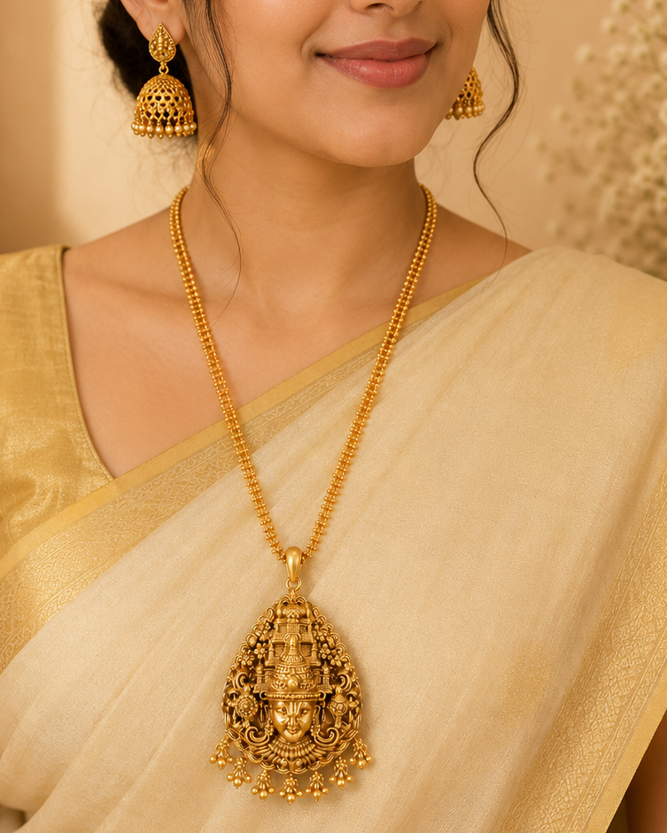 Antique Gold Teardrop Temple Pendant Long Necklace Set | ONK79