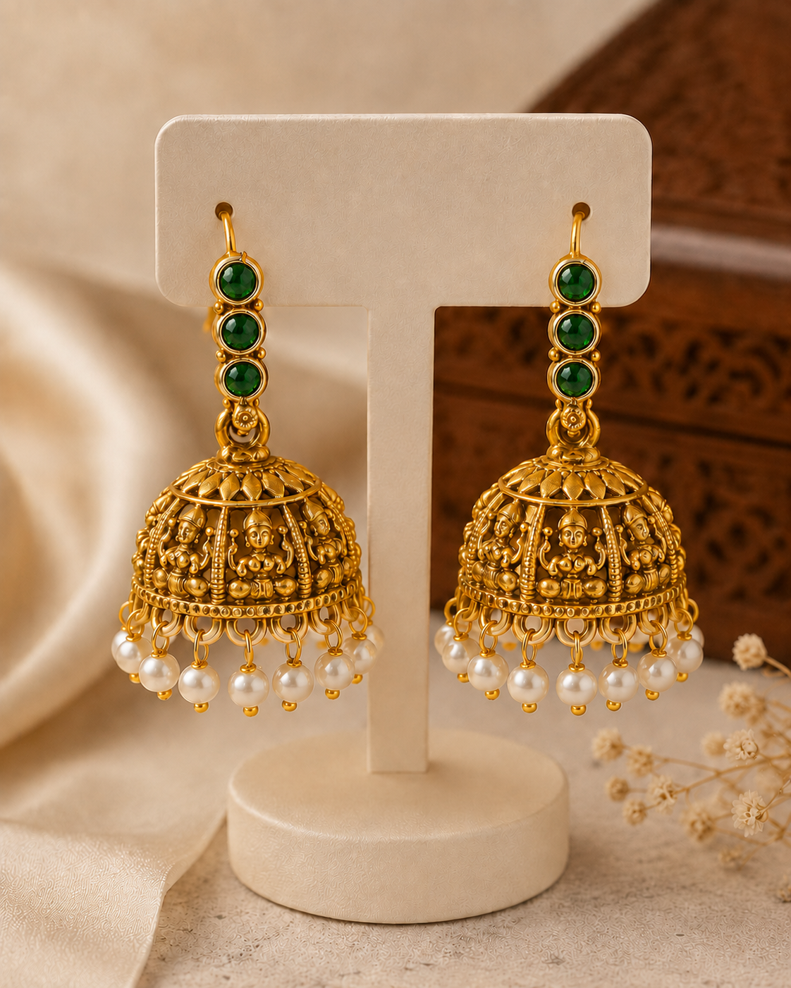 Antique Gold Goddess Lakshmi Open Cage Dome Jhumka Earrings | OLS1