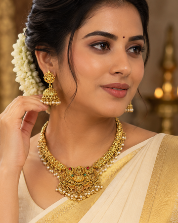 Antique Gold Nakshi Lakshmi Temple Pendant Choker Necklace Set | OL89