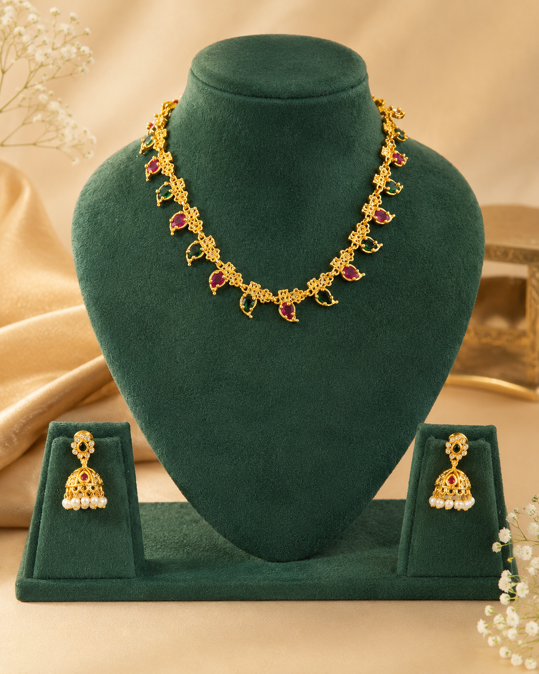 Gold Ruby Emerald Oval Teardrop Filigree Link Choker Necklace Set | OLT55