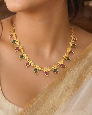 Gold Ruby Emerald Oval Teardrop Filigree Link Choker Necklace Set | OLT55