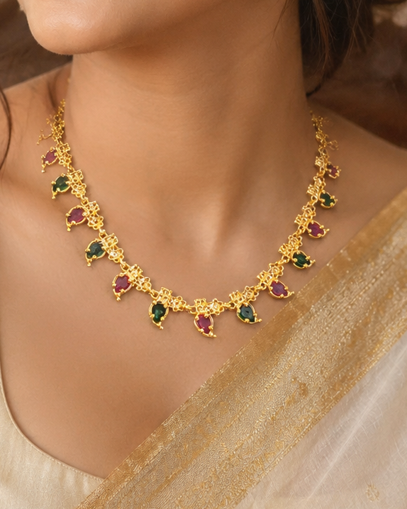 Gold Ruby Emerald Oval Teardrop Filigree Link Choker Necklace Set | OLT55