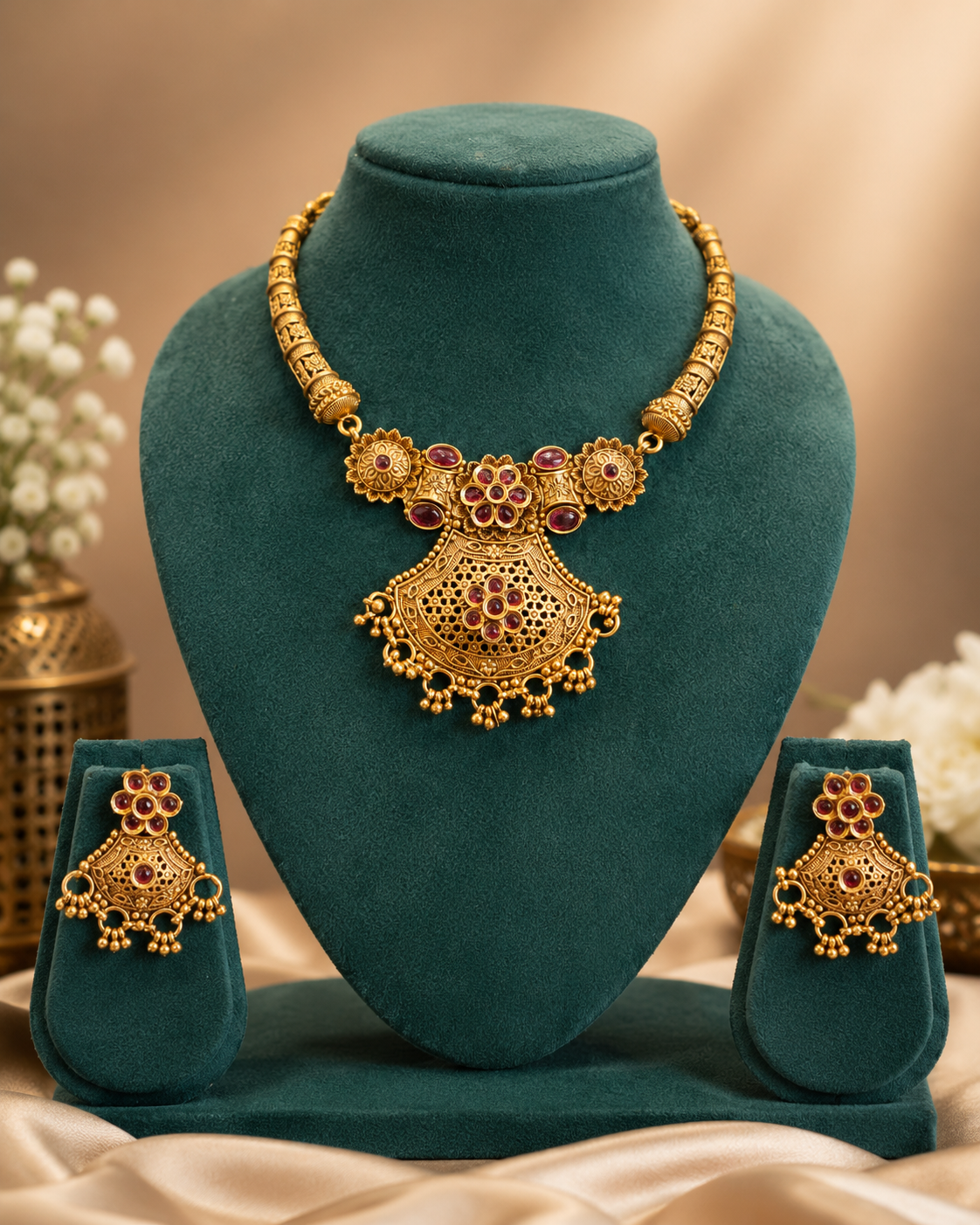 Antique Gold Ruby Choker Necklace Set | OLT46