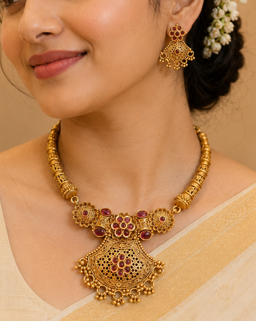 Antique Gold Ruby Choker Necklace Set | OLT46