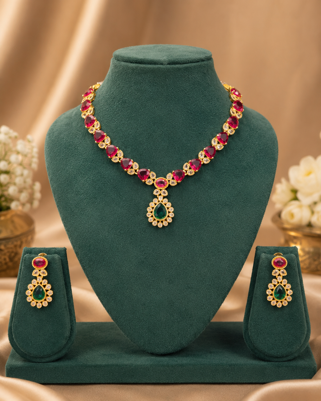 Antique Gold Ruby Filigree  Pendant Nakshi Bead Bar Choker Necklace Set | OLT30