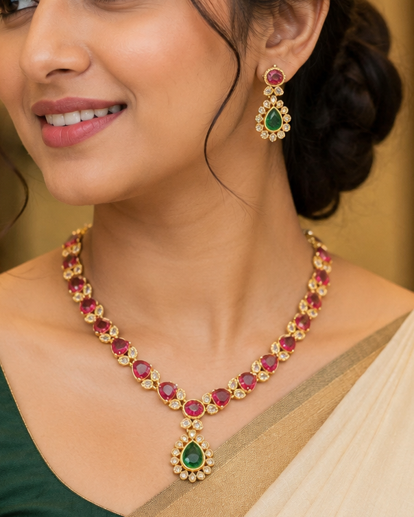 Antique Gold Ruby Filigree  Pendant Nakshi Bead Bar Choker Necklace Set | OLT30