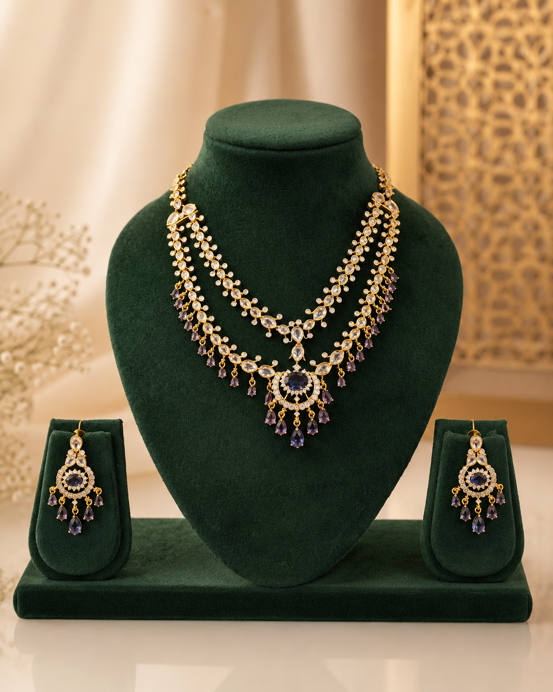 Gold Amethyst Purple CZ Pave Marquise Double Layer Fringe Necklace Set | OG18