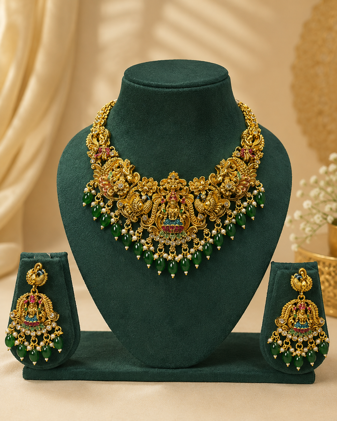 Antique Gold Nakshi Lakshmi Peacock Temple Choker Necklace Set | OL114