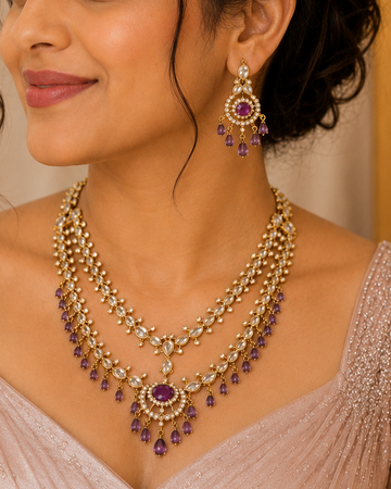 Gold Amethyst Purple CZ Pave Marquise Double Layer Fringe Necklace Set | OG18