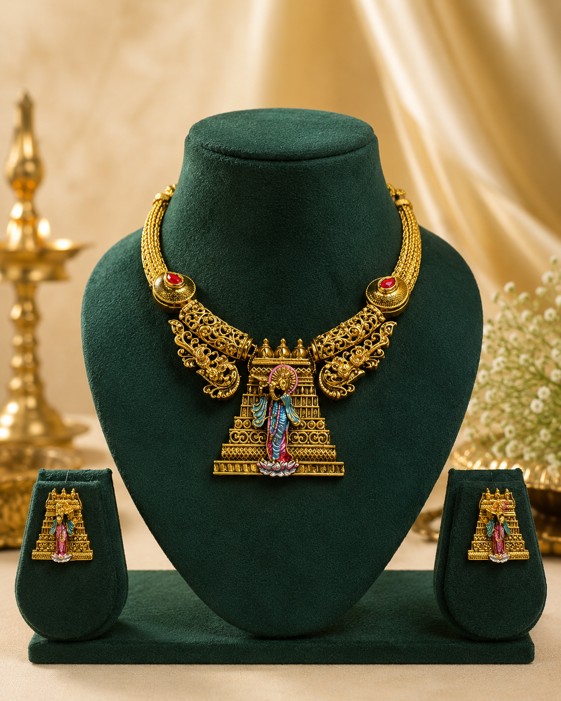 Antique Gold Meenakari Tirupati Balaji Gopuram Temple Necklace Set | OL76