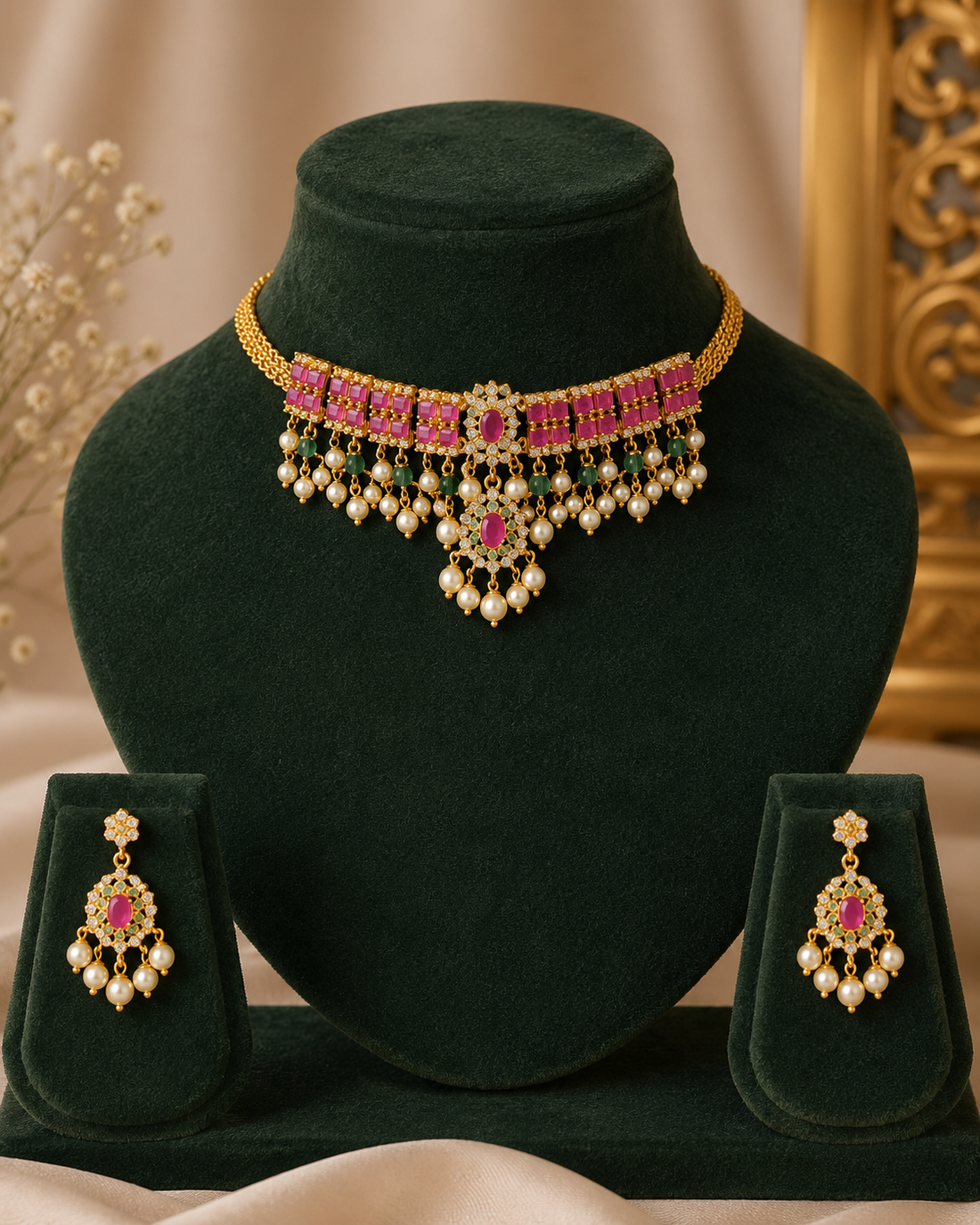 Gold Ruby Emerald Rectangle CZ Pave Choker Necklace Set with Pearl Drops | OG17