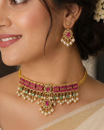 Gold Ruby Emerald Rectangle CZ Pave Choker Necklace Set with Pearl Drops | OG17