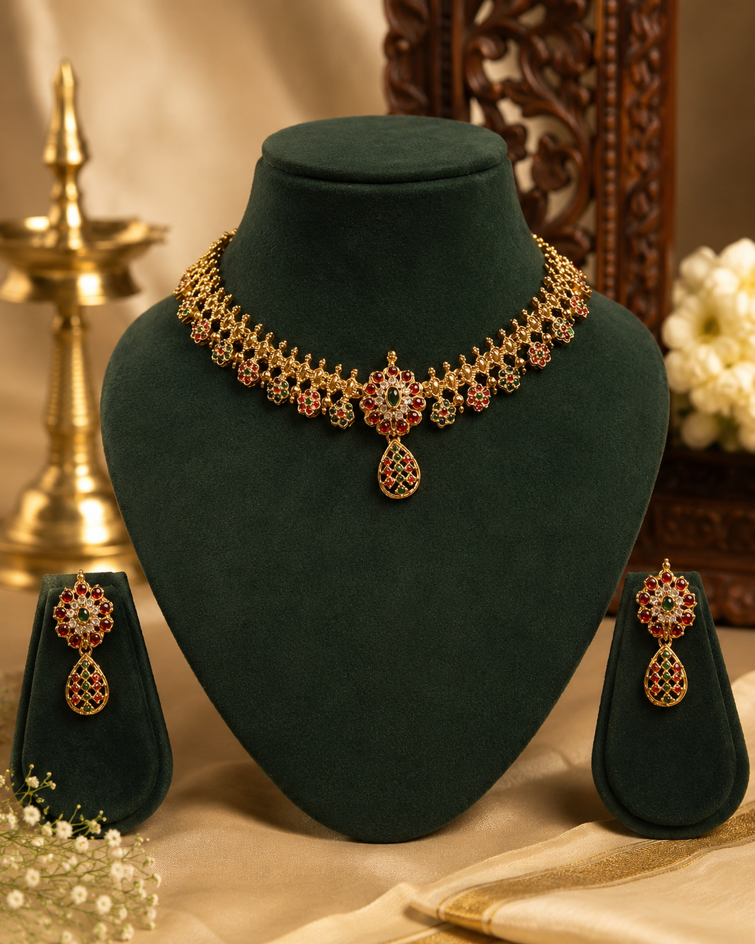 Gold Ruby Emerald Polki Floral Cluster Choker Necklace Set | OL100