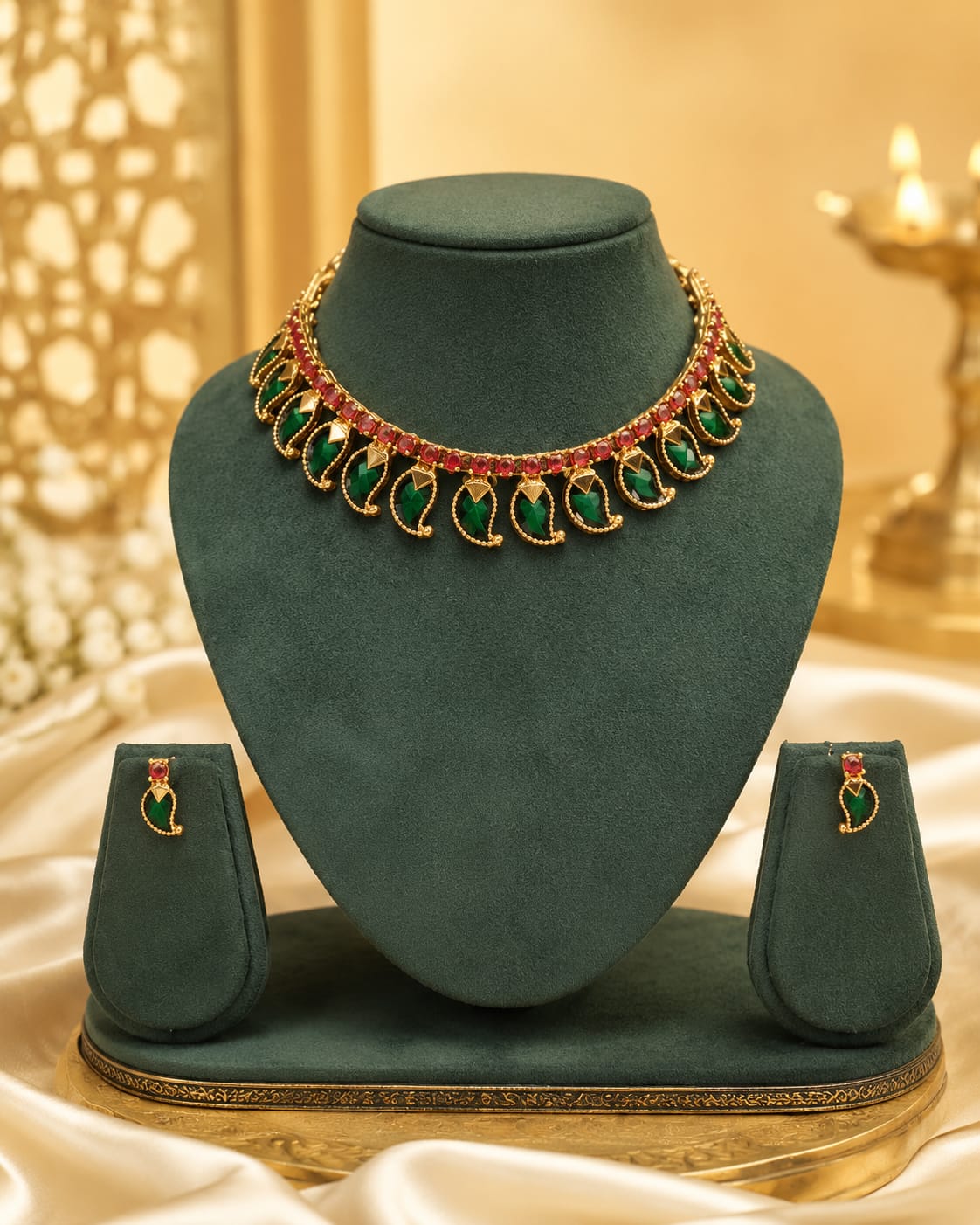 Gold Ruby Red Mango Paisley Emerald CZ Choker Necklace Set |  OL101