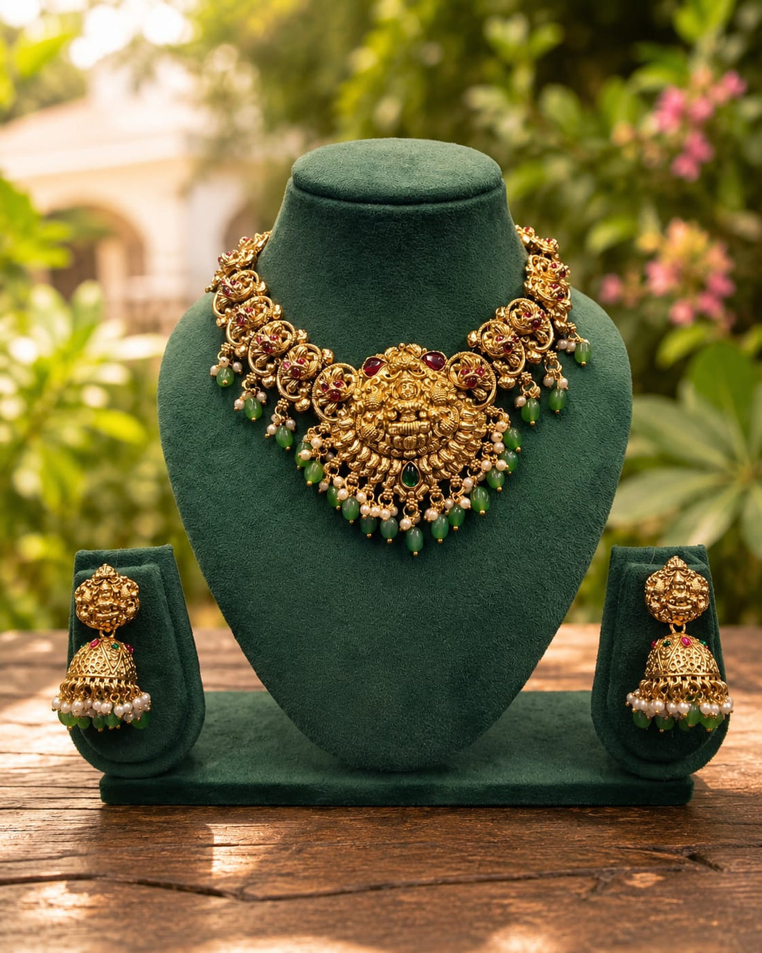 Antique Gold Nakshi Lakshmi Filigree Scroll Temple Necklace Set | OL92