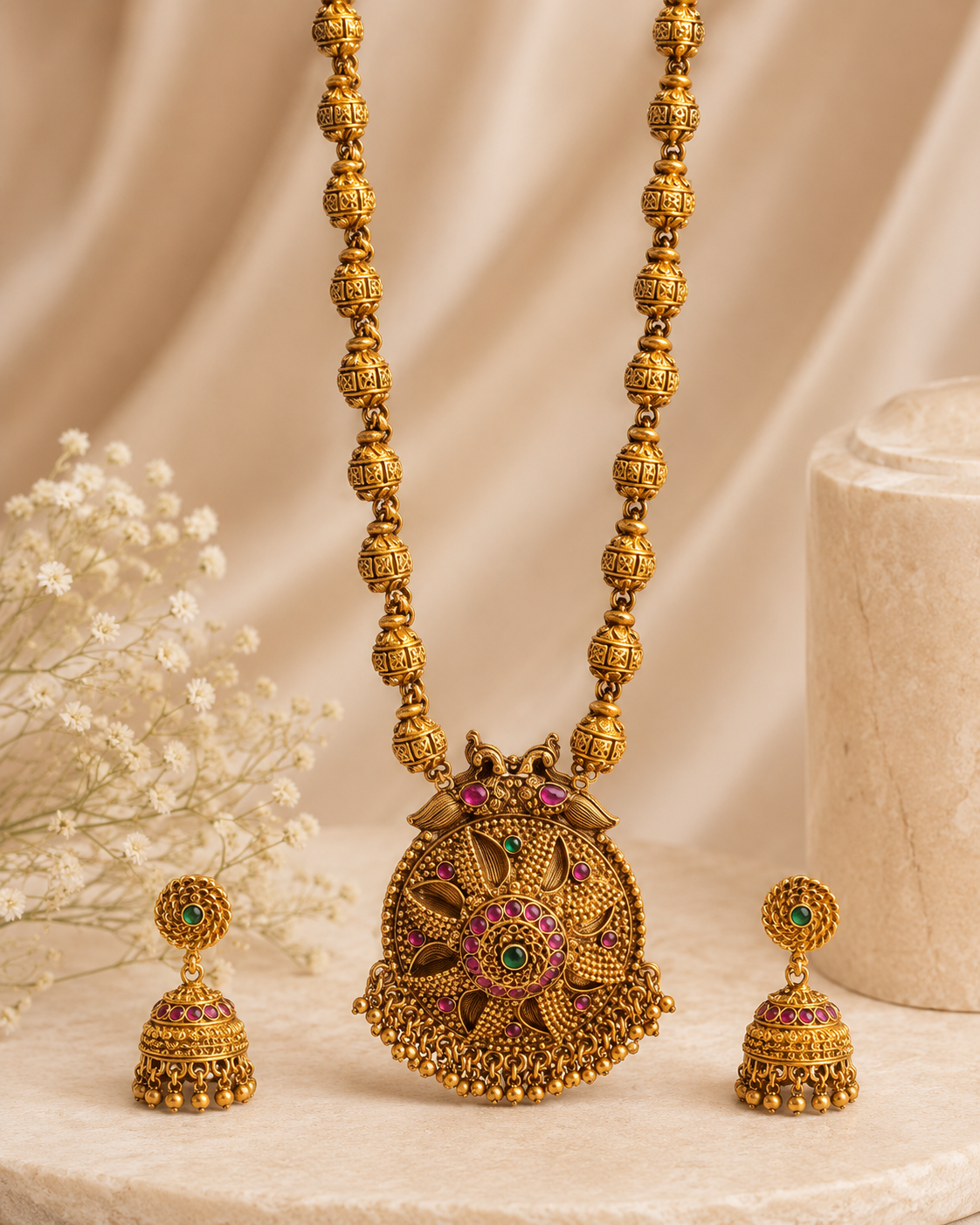 Antique Gold Ruby Emerald ,Twin Peacock Grand Disc Pendant -Pattern 6 | ONK14