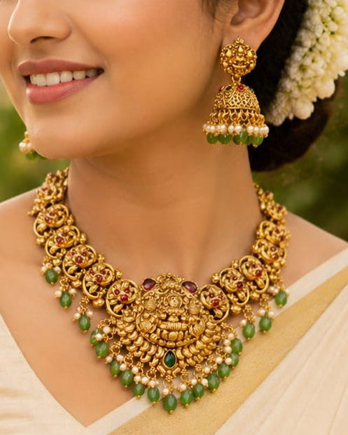 Antique Gold Nakshi Lakshmi Filigree Scroll Temple Necklace Set | OL92