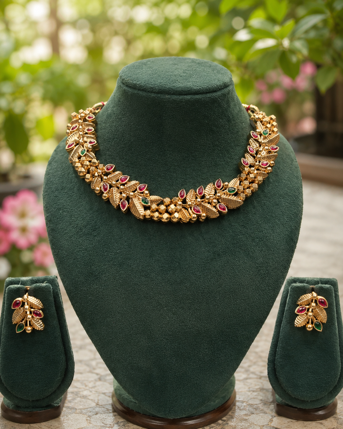 Antique Gold Ruby Emerald Marquise Leaf Gold Ball Cluster Choker Necklace Set |OL96