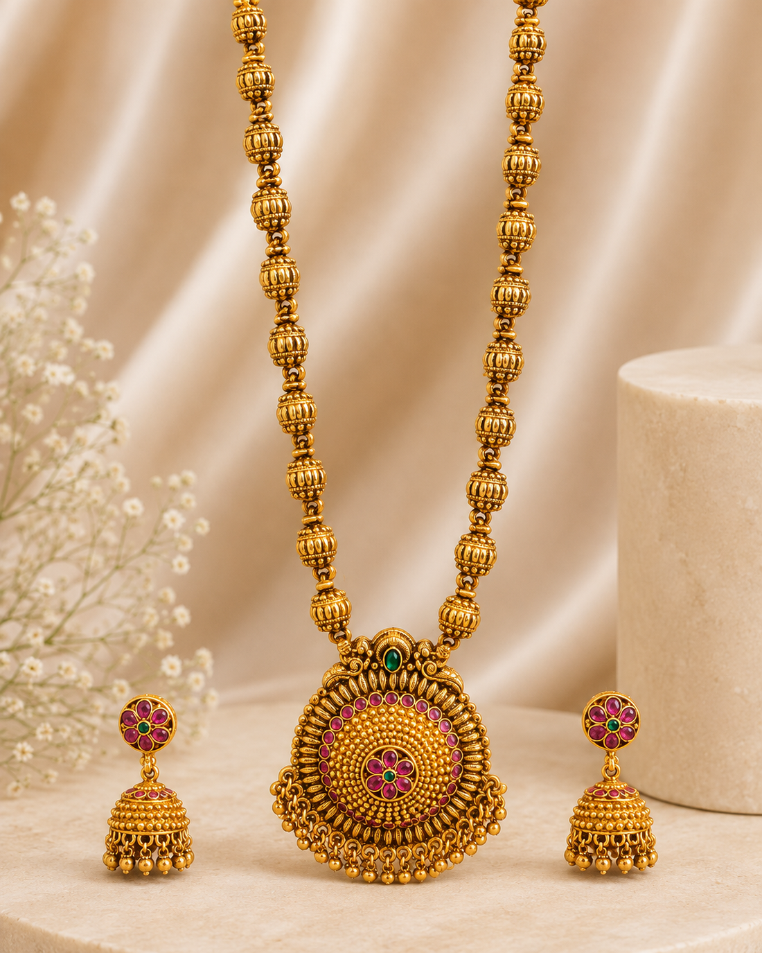 Antique Gold Ruby with Grand Emerald Sunburst Dome Pendant-Pattern 7 | ONK14