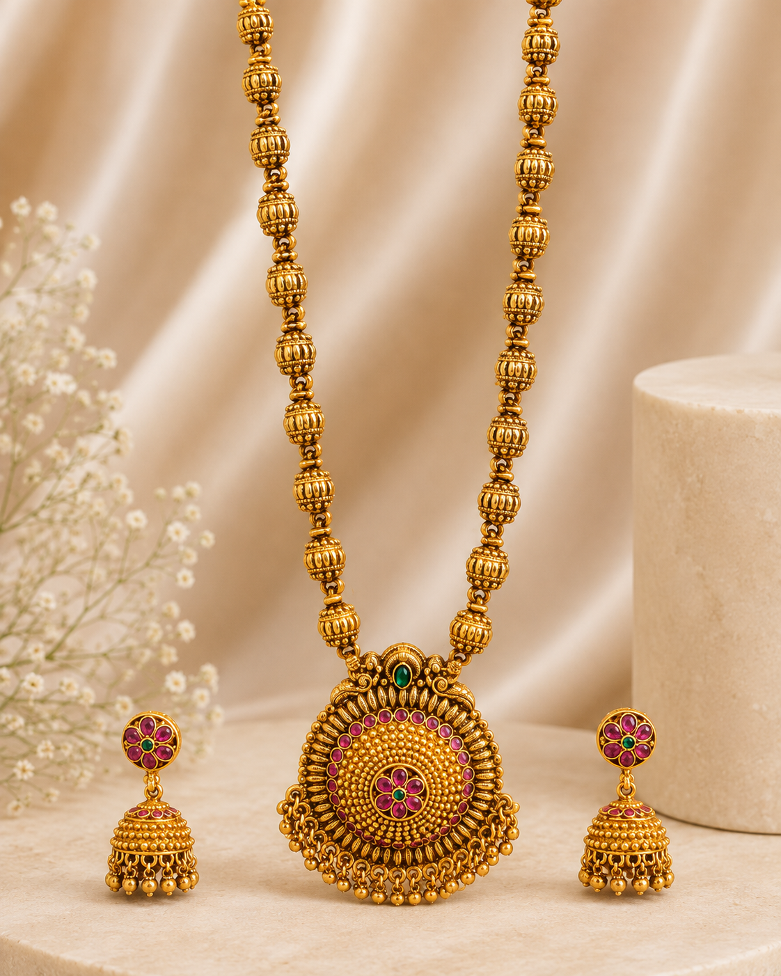 Antique Gold Ruby with Grand Emerald Sunburst Dome Pendant-Pattern 7 | ONK14