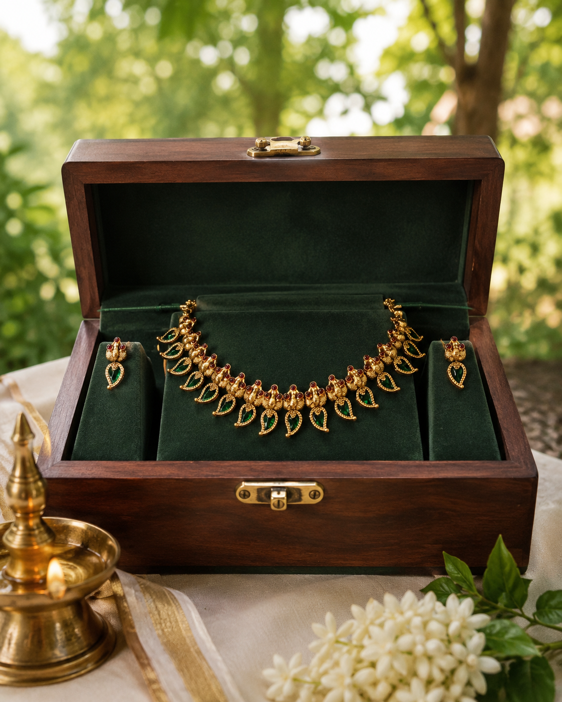 Antique Gold Granulated Elephant Palakka Emerald Teardrop Necklace Set | OL81