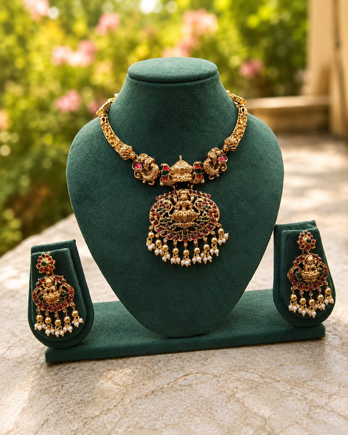 Antique Gold Nakshi Gajlakshmi Ruby Emerald Temple Pendant Necklace Set | OL87