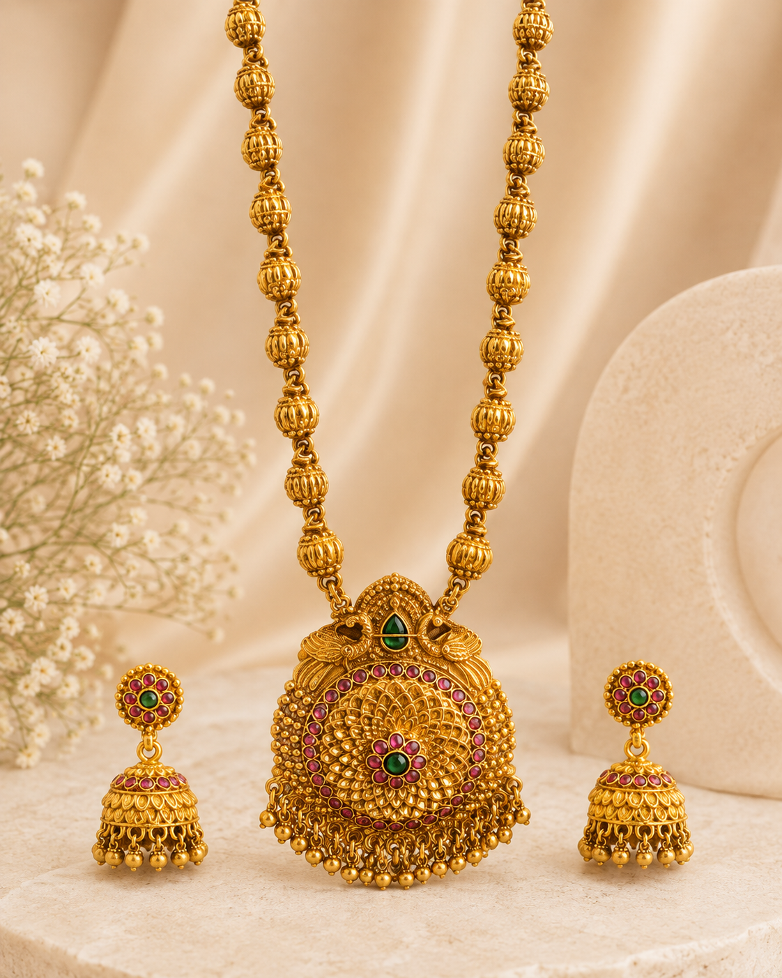 Antique Gold Ruby Emerald Long Haram Pendant | ONK14