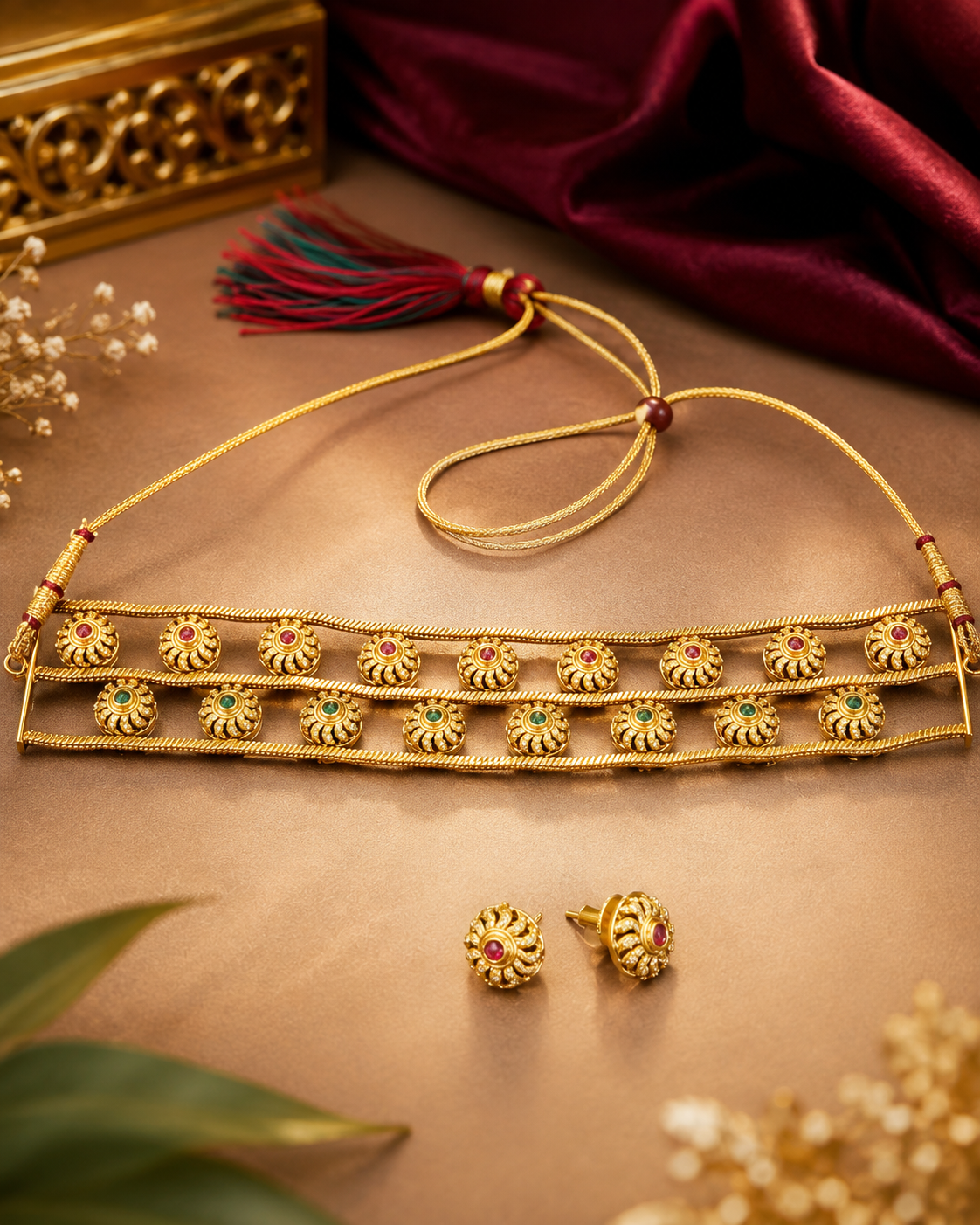 Antique Gold Ruby Emerald Choker Necklace Set | OLT53