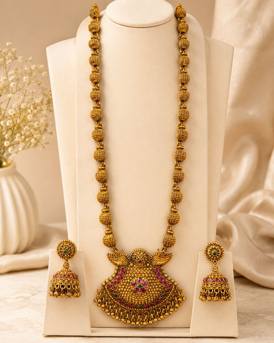 Antique Gold Ruby Emerald Kemp with Twin Peacock Temple Pendant -Pattern 1 | ONK14